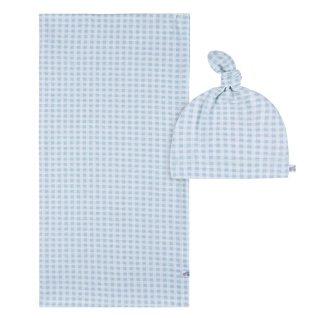 2-Piece Baby Boys Blue Plaid Swaddle Blanket & Hat Set