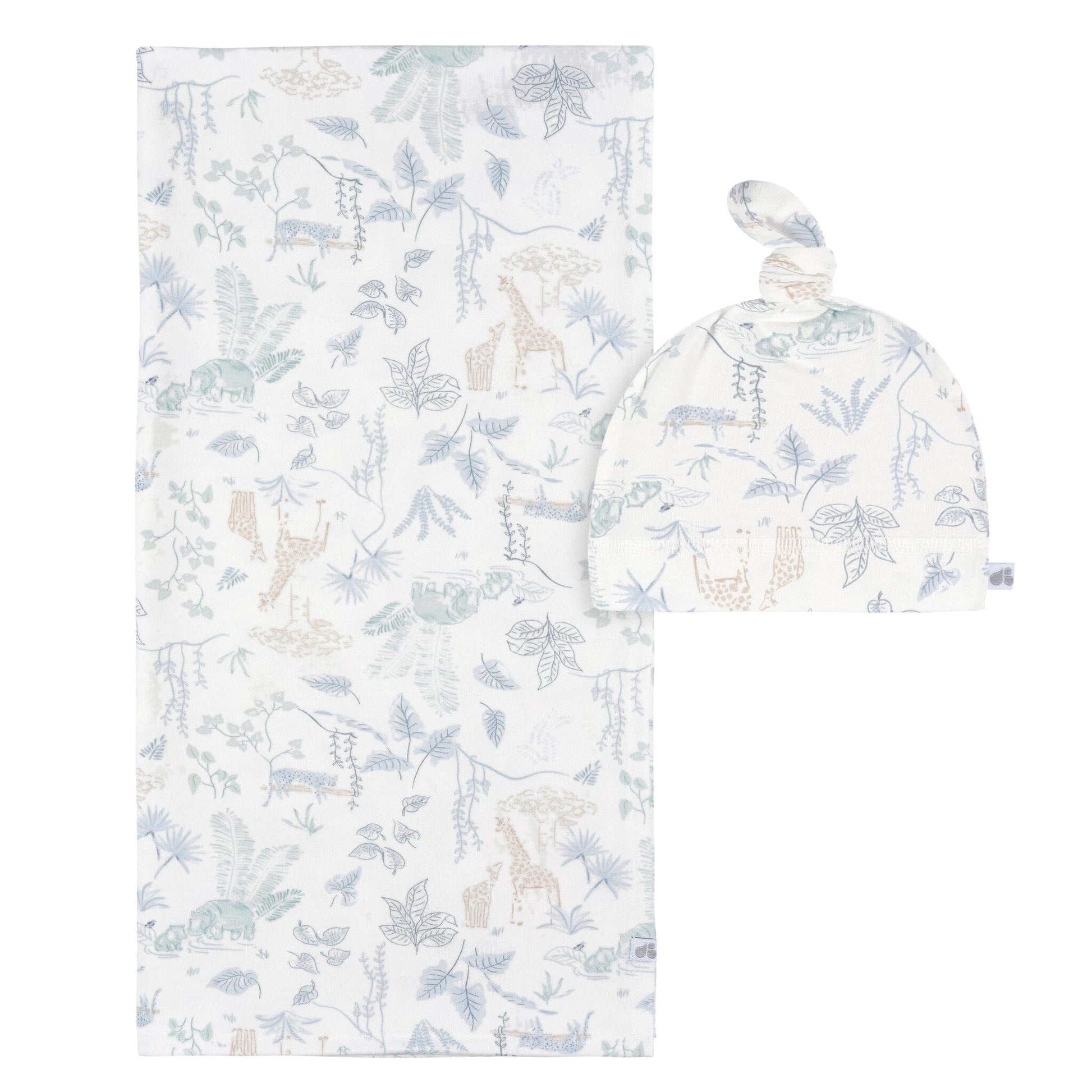 2-Piece Baby Boys Ivory Blue Palms Swaddle Blanket & Hat Set Gerber® 