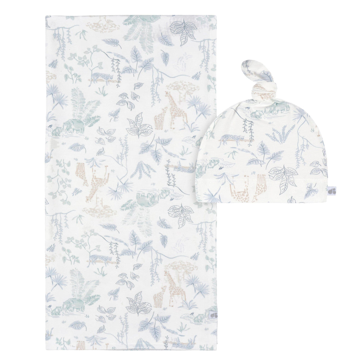 2-Piece Baby Boys Ivory Blue Palms Swaddle Blanket & Hat Set Gerber® 
