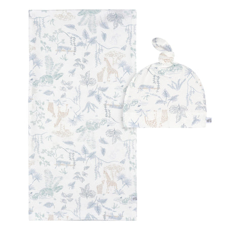 2-Piece Baby Boys Ivory Blue Palms Swaddle Blanket & Hat Set