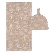 2-Piece Baby Neutral Ivory Tan Forest Swaddle Blanket & Hat Set Gerber® 
