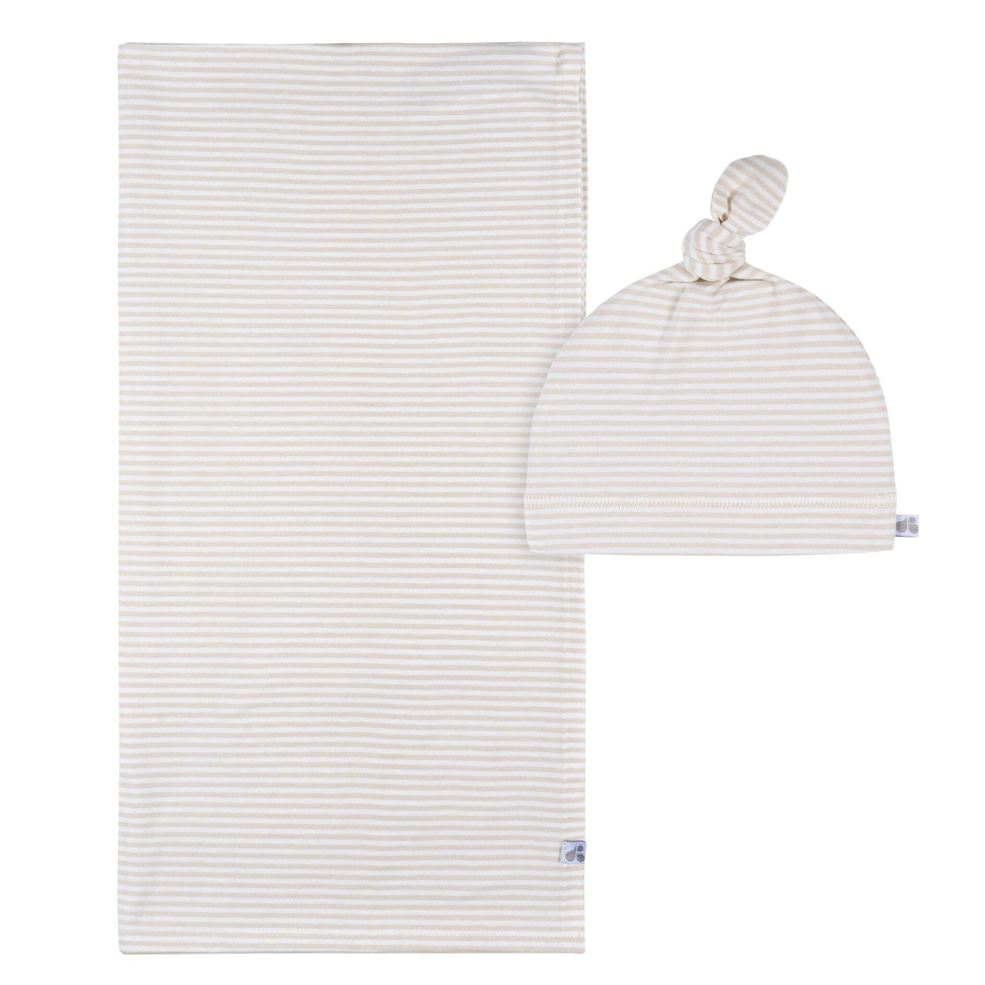 2-Piece Baby Neutral Tan Stripe Swaddle Blanket & Hat Set Gerber® 