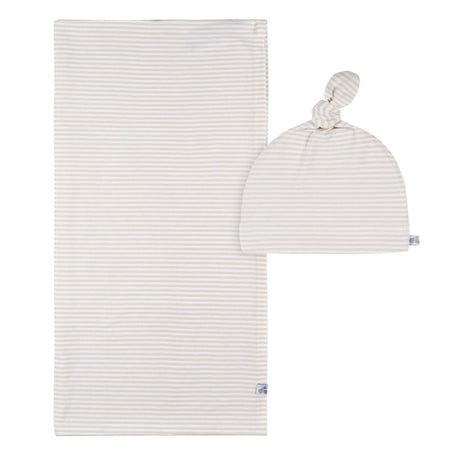 2-Piece Baby Neutral Tan Stripe Swaddle Blanket & Hat Set