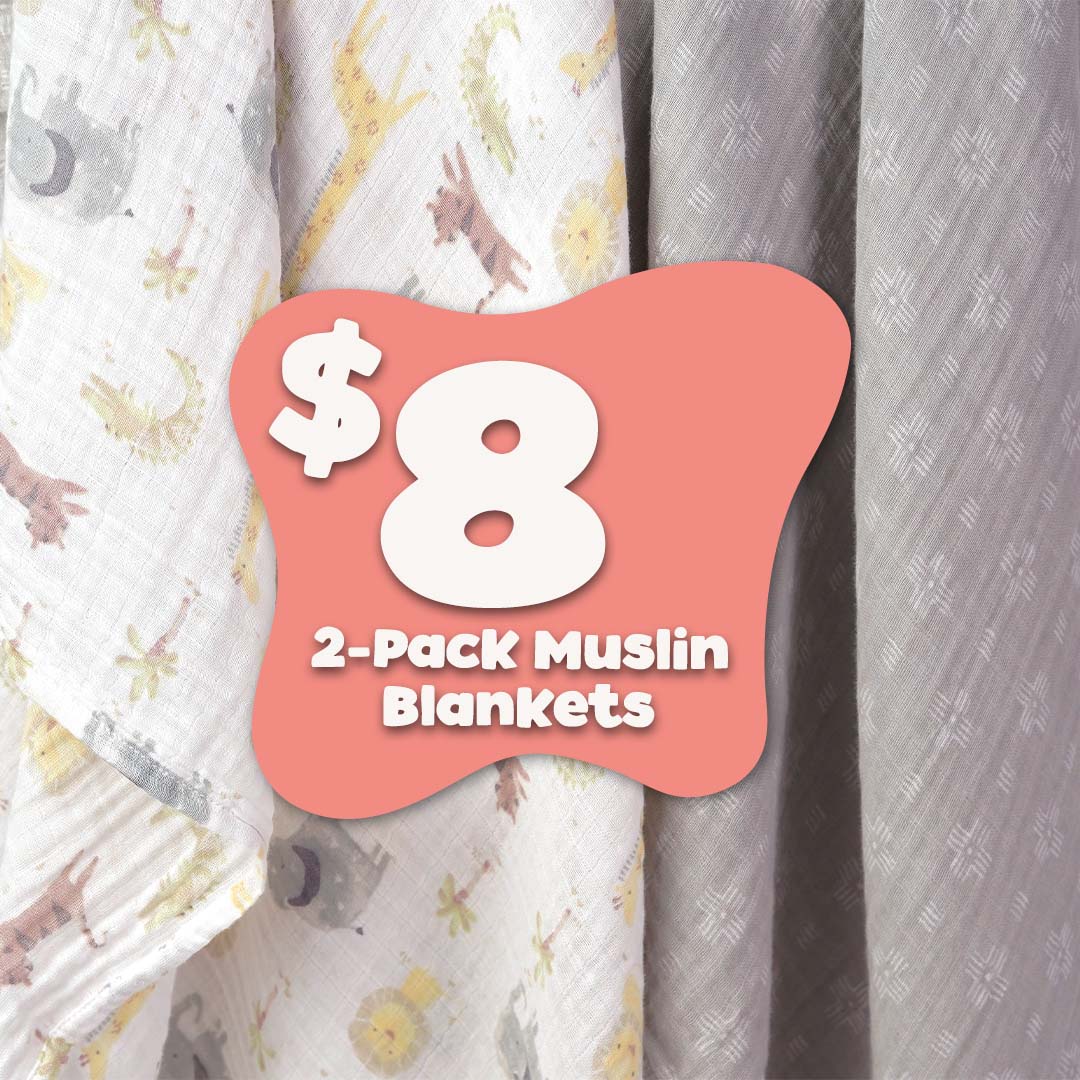 Three folded muslin baby blankets displayed side-by-side with a coral pink price tag graphic overlay reading '$8 2-Pack Muslin Blankets'. The left blanket is white with a yellow and brown giraffe pattern, the middle is solid light gray, and the right is a textured light gray patterned blanket.