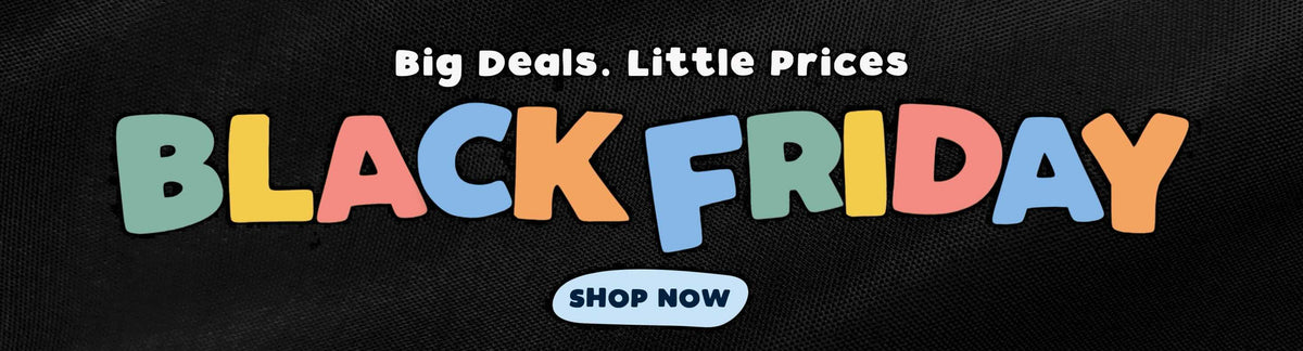 Black promotional banner with the text 'Big Deals. Little Prices' above large multicolored 'BLACK FRIDAY' lettering and a white 'SHOP NOW' button on a black background.