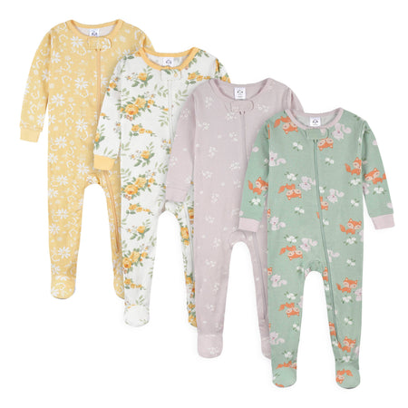 4-Pack Toddler Girls Roses & Fox Snug Fit Footed Cotton Pajamas