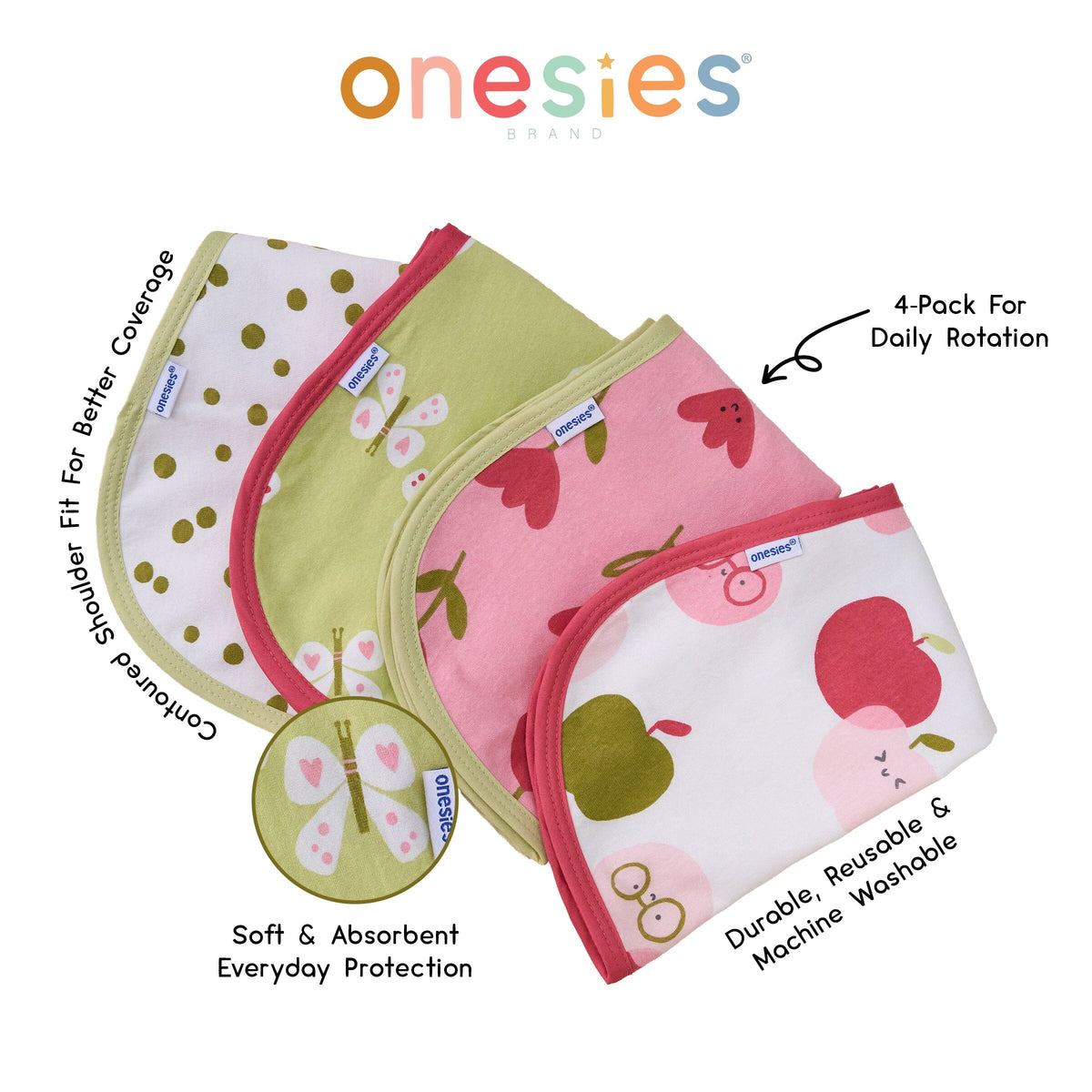 4-Pack Baby Girls Apples Burp Cloths bibs Gerber® 