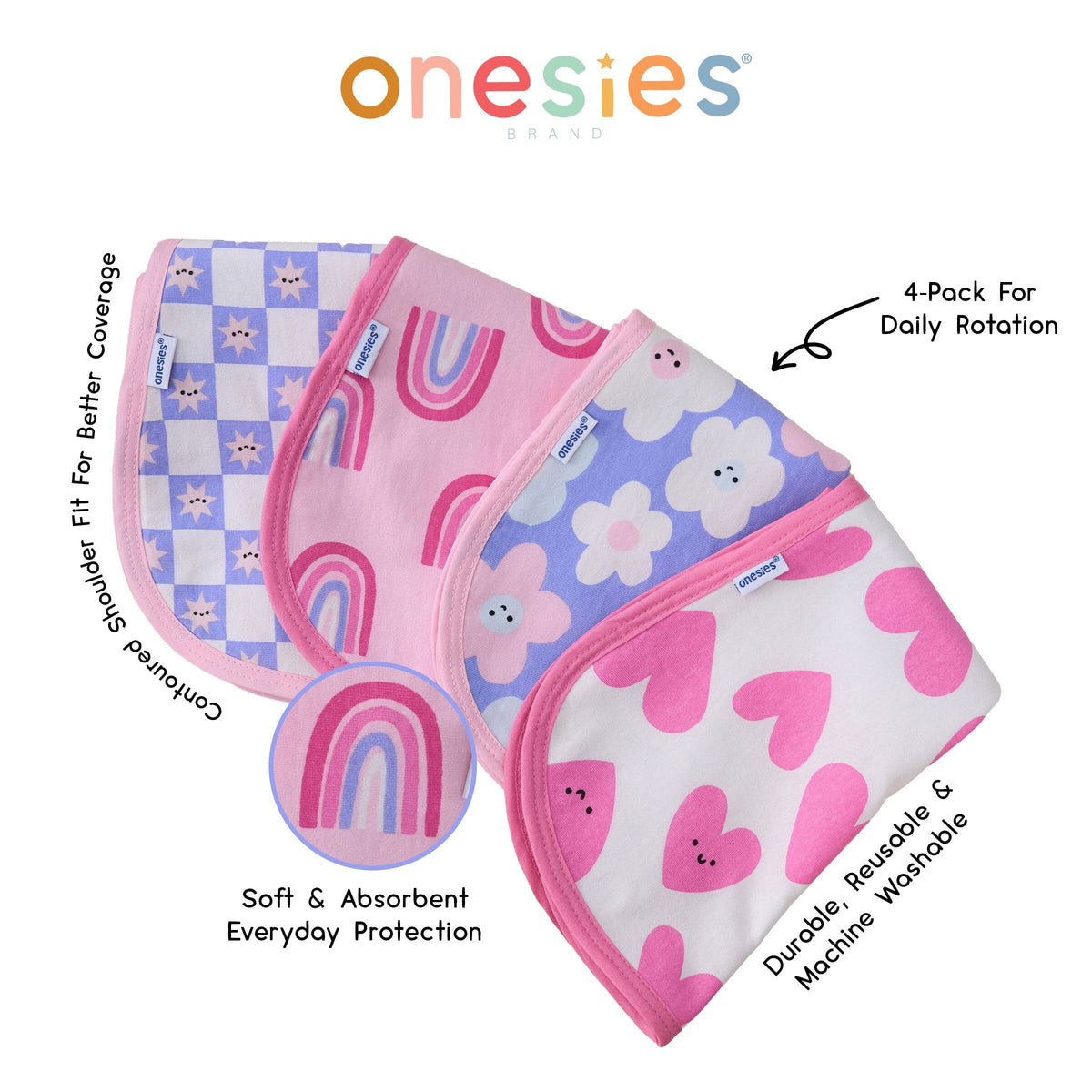 4-Pack Baby Girls Hearts & Flowers Burp Cloths bibs Gerber® 