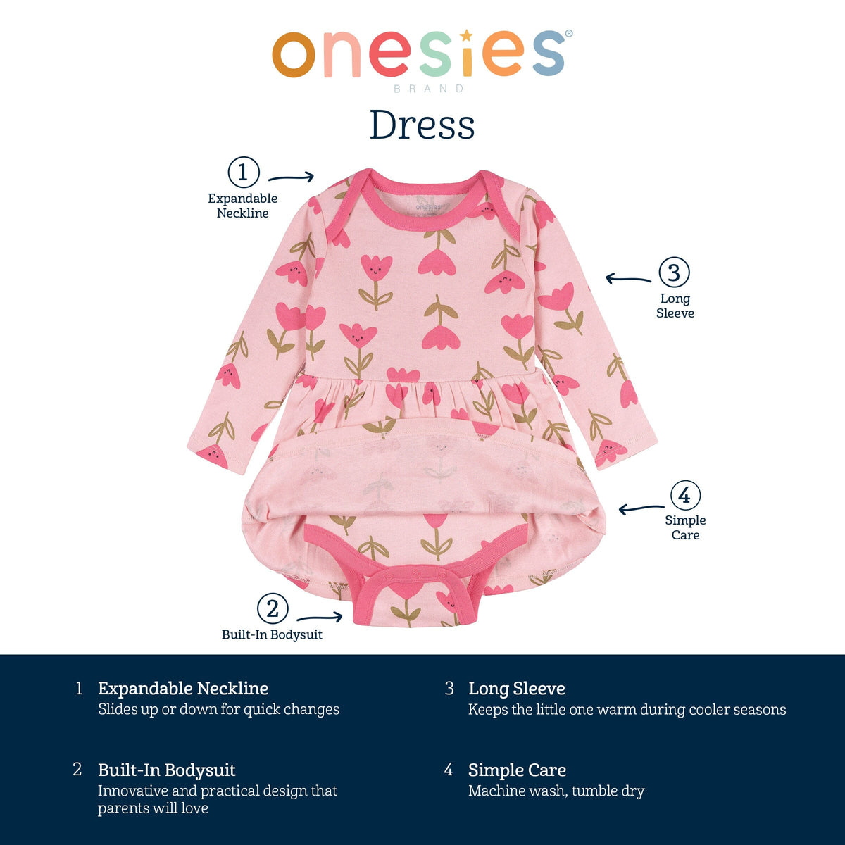Baby Girls Pink Tulips Bodysuit Dress dresses Onesies® Brand 