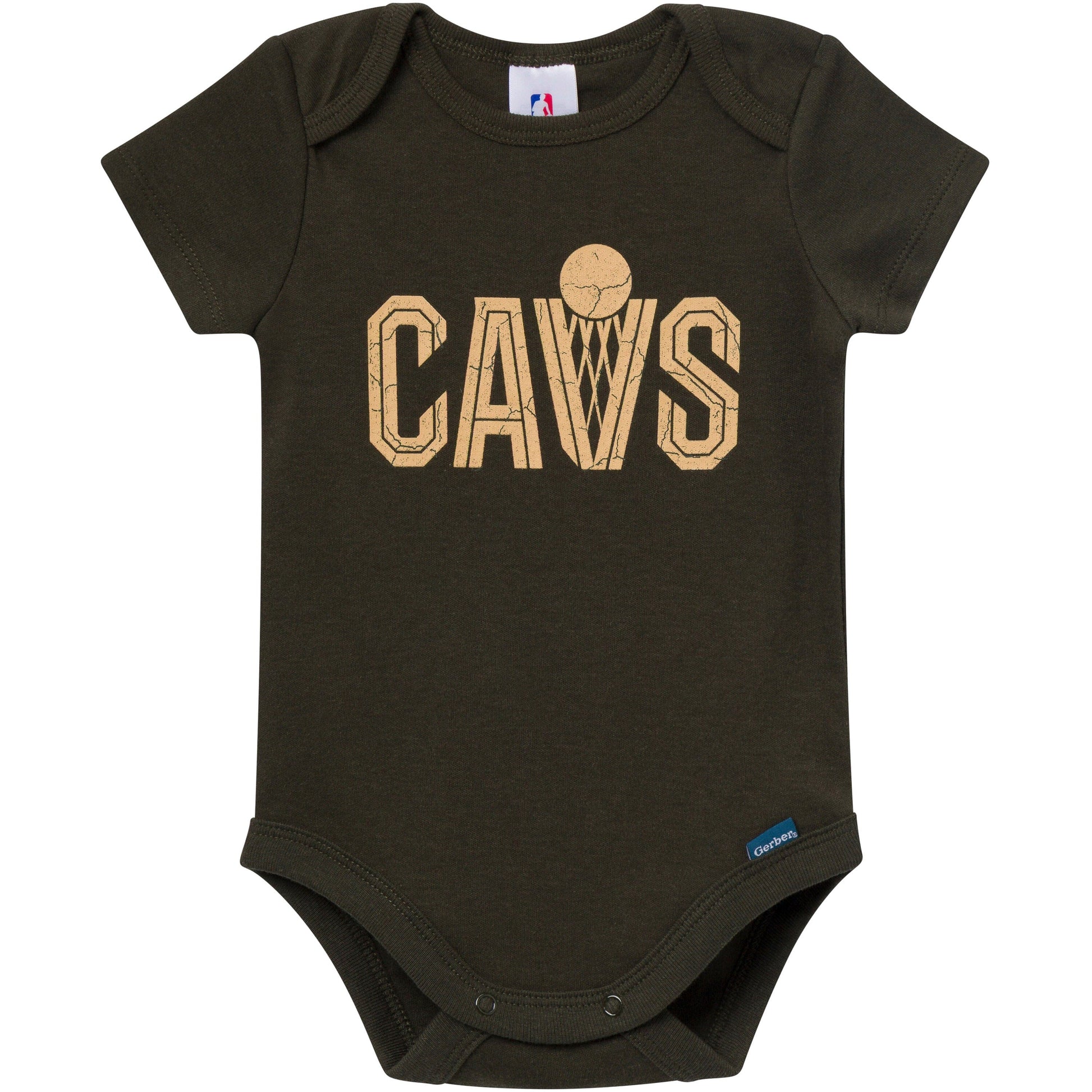Black baby onesie with 'CAVS' print on a white background