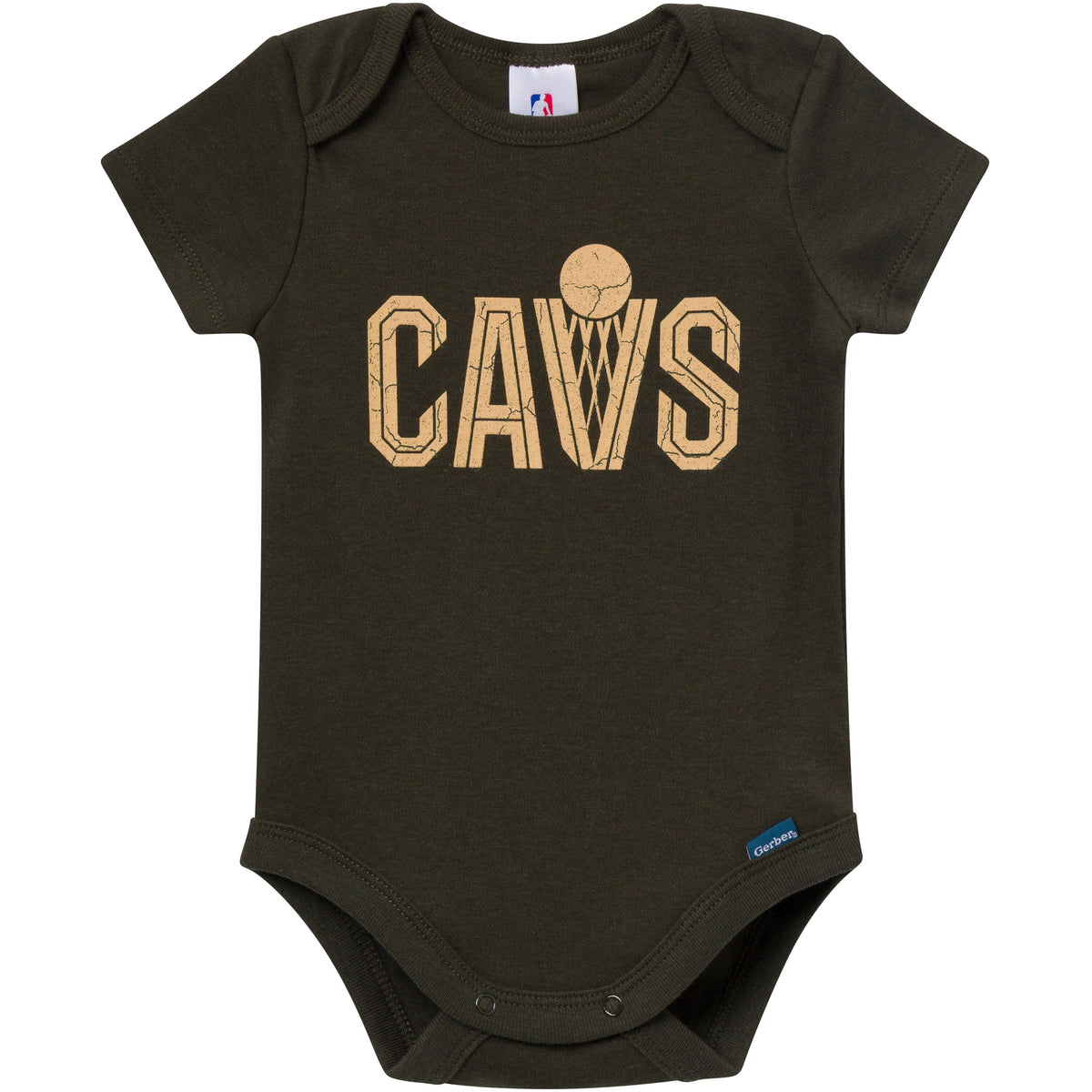 Black baby onesie with 'CAVS' print on a white background