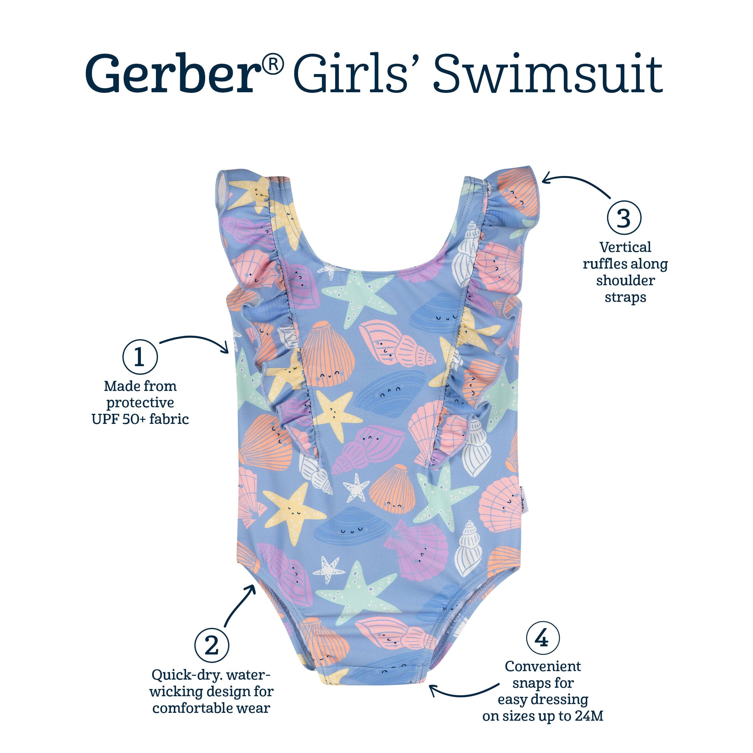 Baby & Toddler Girls UPF 50+ Seashells One-Piece Swimsuit swimwear Gerber® 