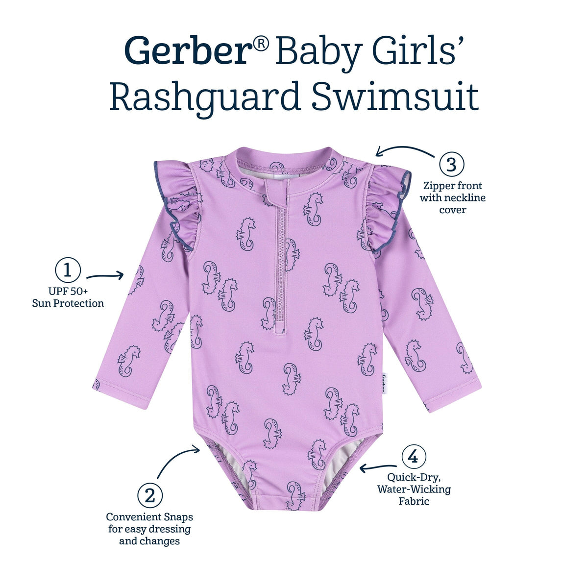 Baby Girls UPF 50+ Purple Seahorses Rash Guard swimwear Gerber® 