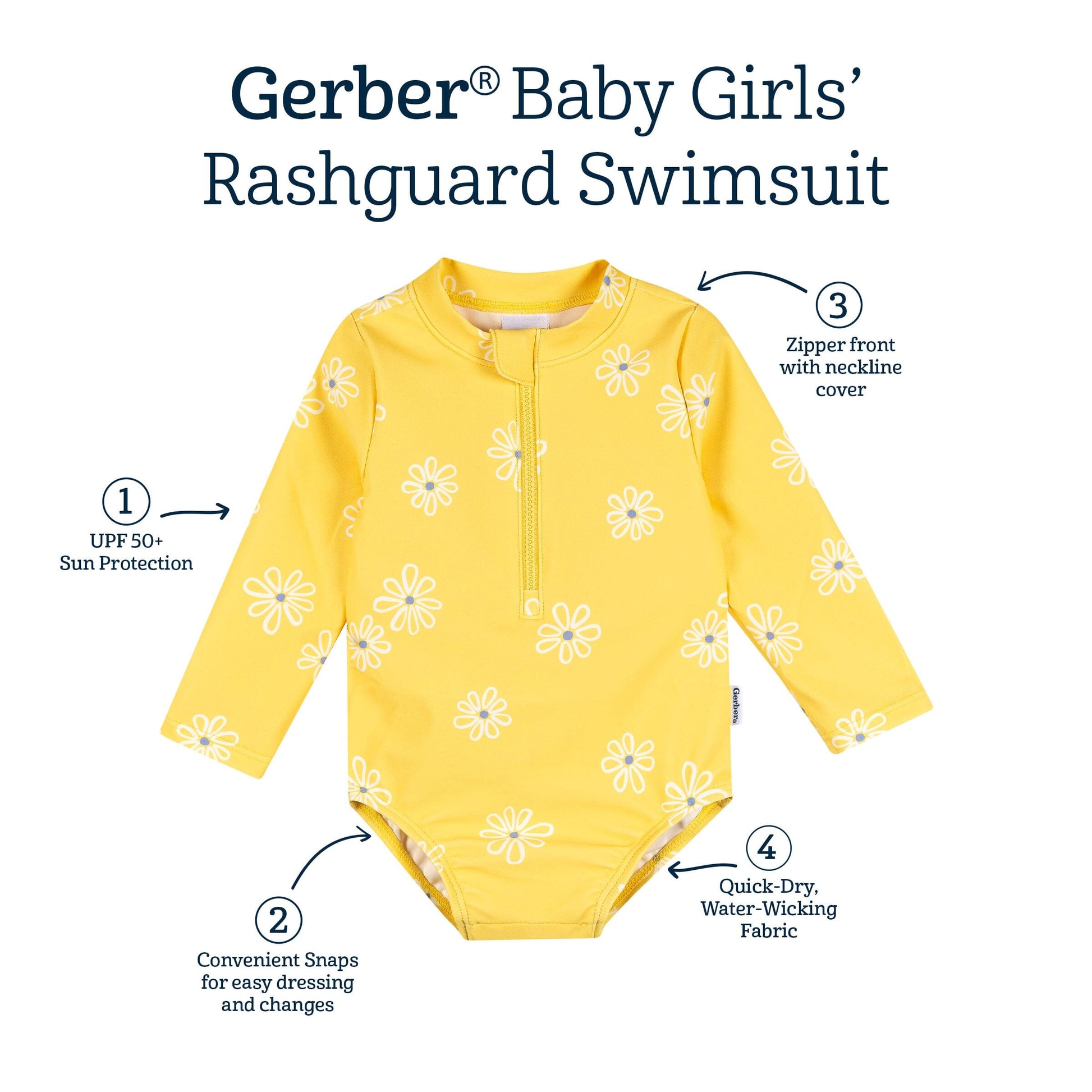 Baby Girls UPF 50+ Yellow Daisies Rash Guard swimwear Gerber® 