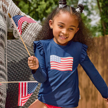 2-Piece Infant & Toddler Girls UPF 50+ USA Flag Rash Guard and Swim Bottoms Set
