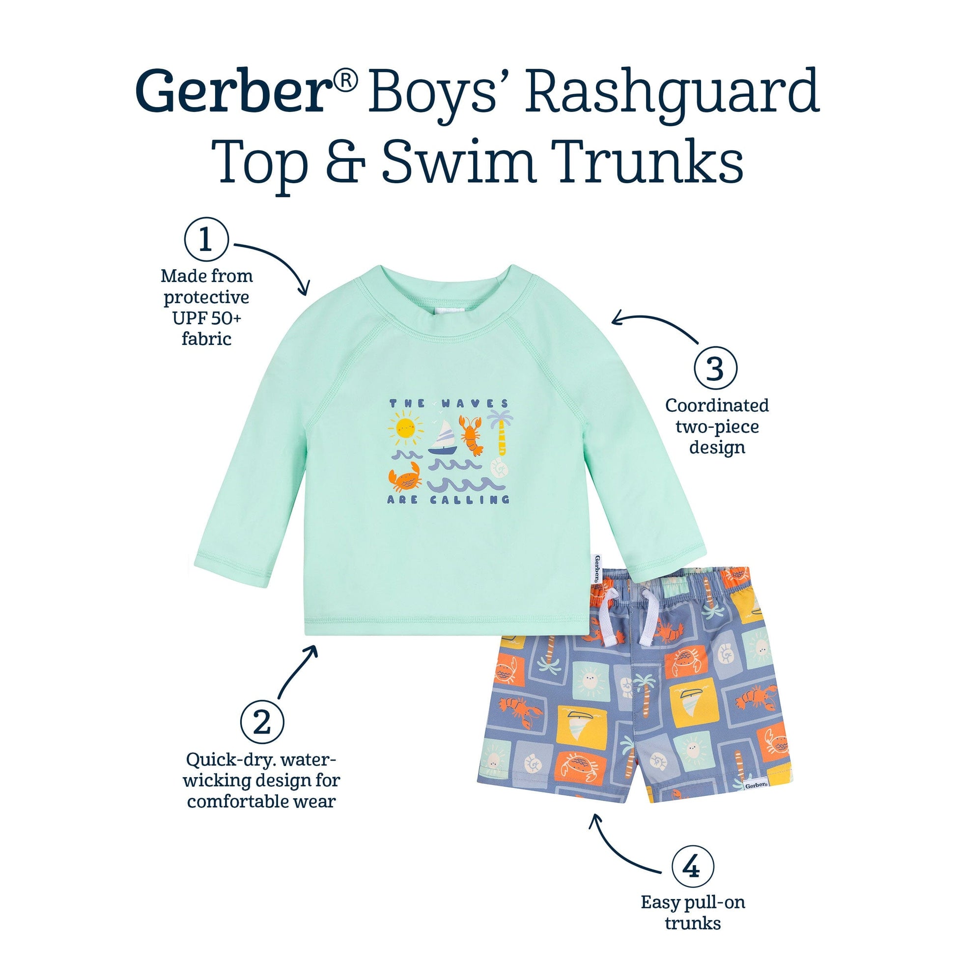 2-Piece Baby & Toddler Boys UPF 50+ Green Stamps Rash Guard & Swim Trunks Set swimwear Gerber® 