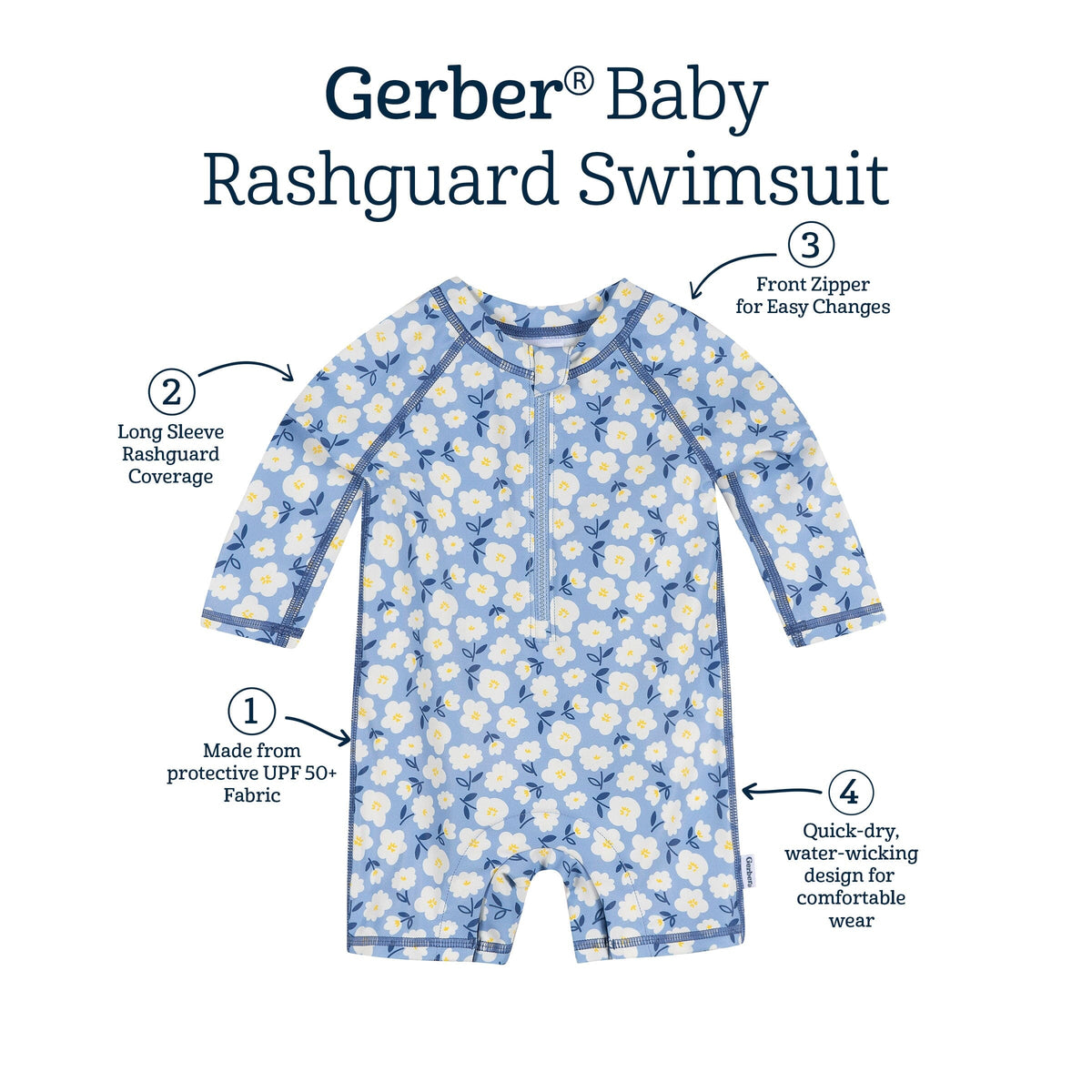 Baby Girls UPF 50+ Blue Daisies Long Sleeve Rash Guard swimwear Gerber® 