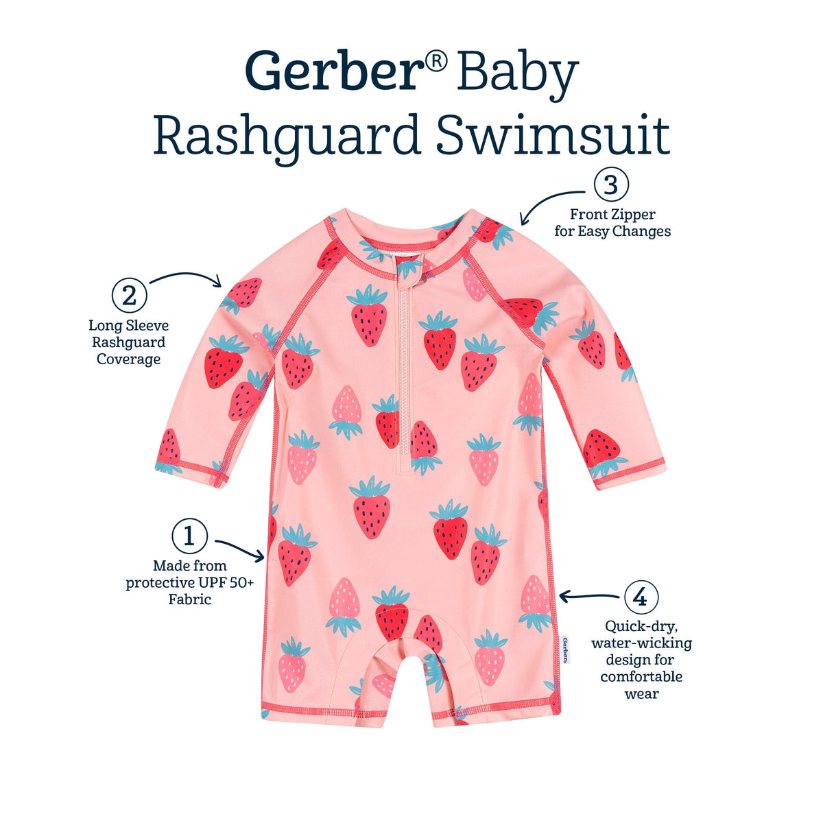 Baby Girls UPF 50+ Pink Strawberry Long Sleeve Rash Guard swimwear Gerber® 