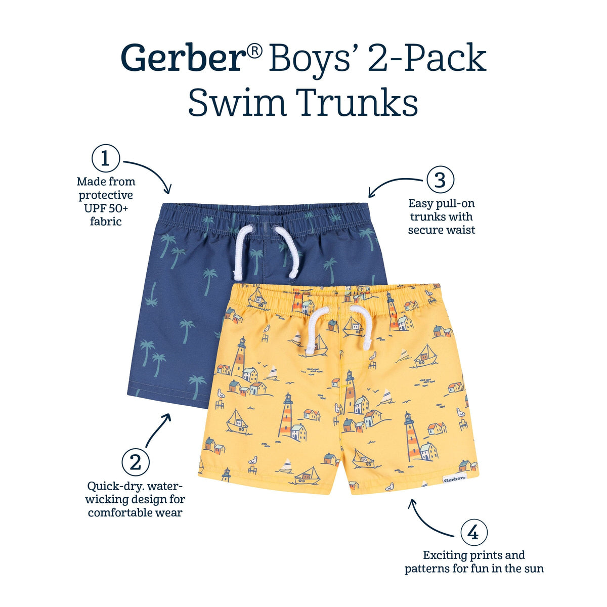 2-Pack Baby & Toddler Boys UPF 50+ Lighthouse Swim Trunks swimwear Gerber® 