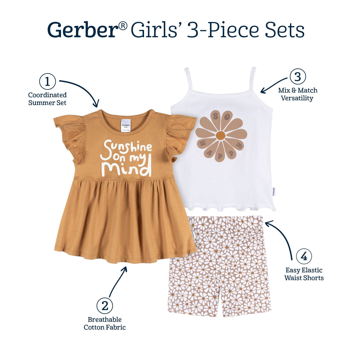 3-Piece Infant & Toddler Girls Daisy Sunshine T-Shirts & Shorts outfits Gerber® 