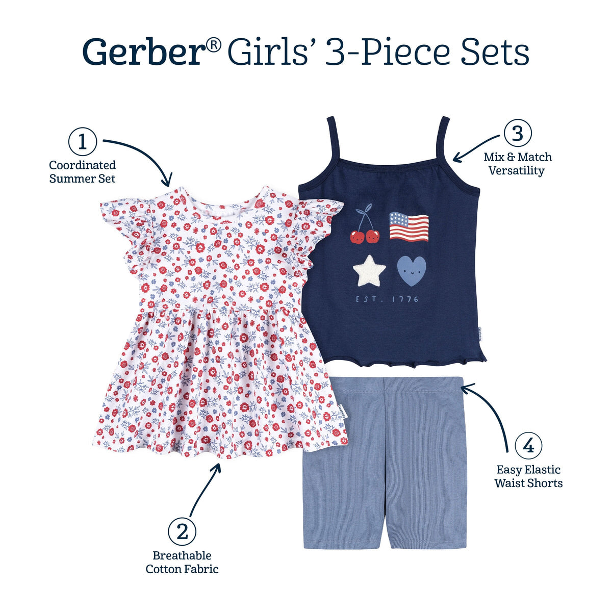 3-Piece Infant & Toddler Girls USA Shirts & Shorts Set outfits Gerber® 