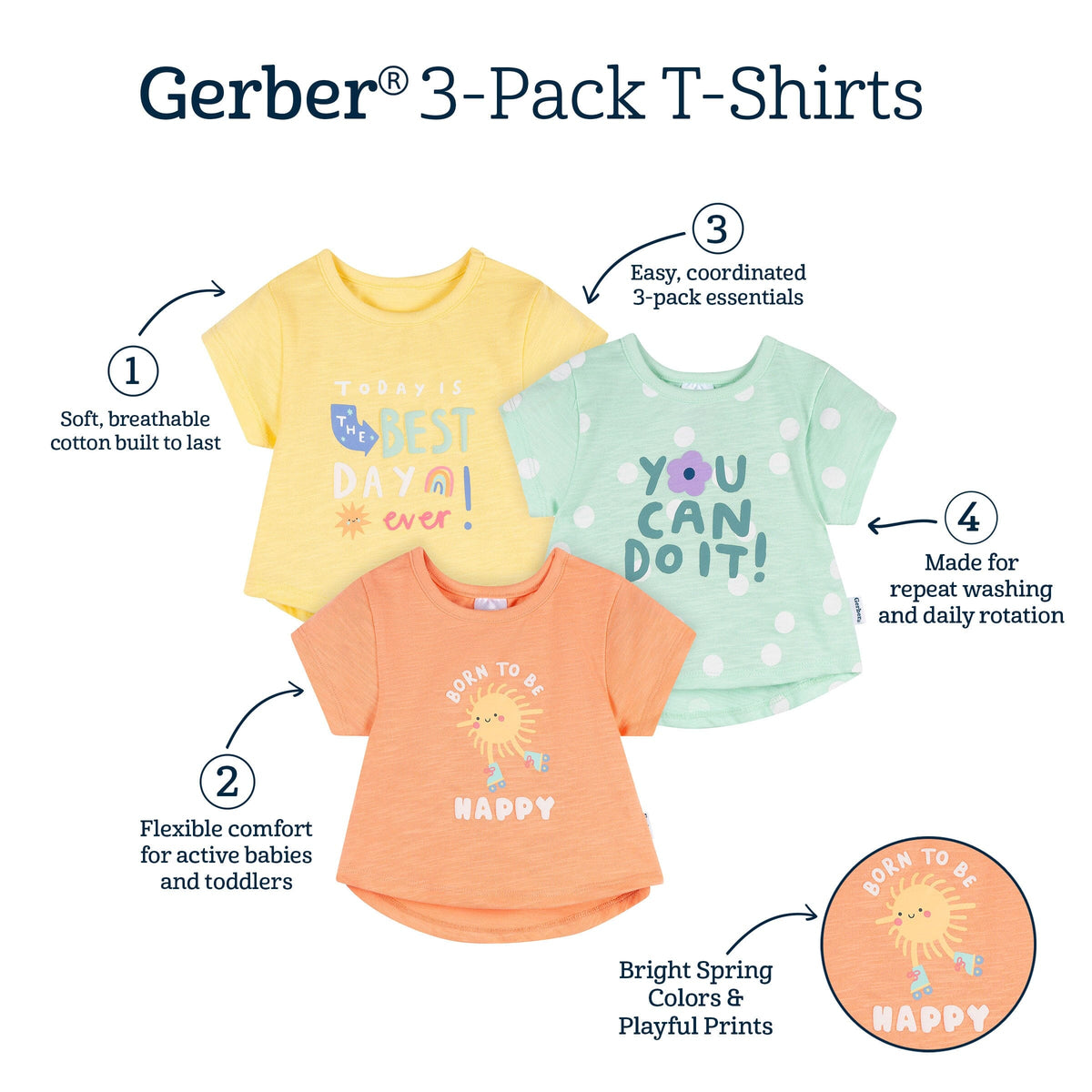 3-Pack Baby & Toddler Girls Best Day Ever Short Sleeve Graphic T-Shirts tops Gerber® 