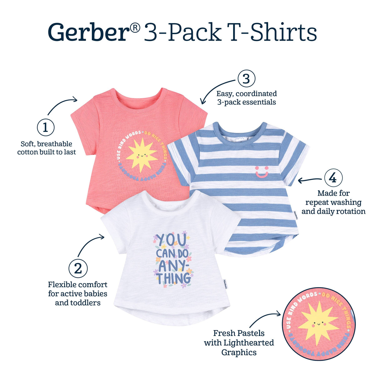 3-Pack Baby & Toddler Girls Sunshine Short Sleeve Graphic T-Shirts tops Gerber® 