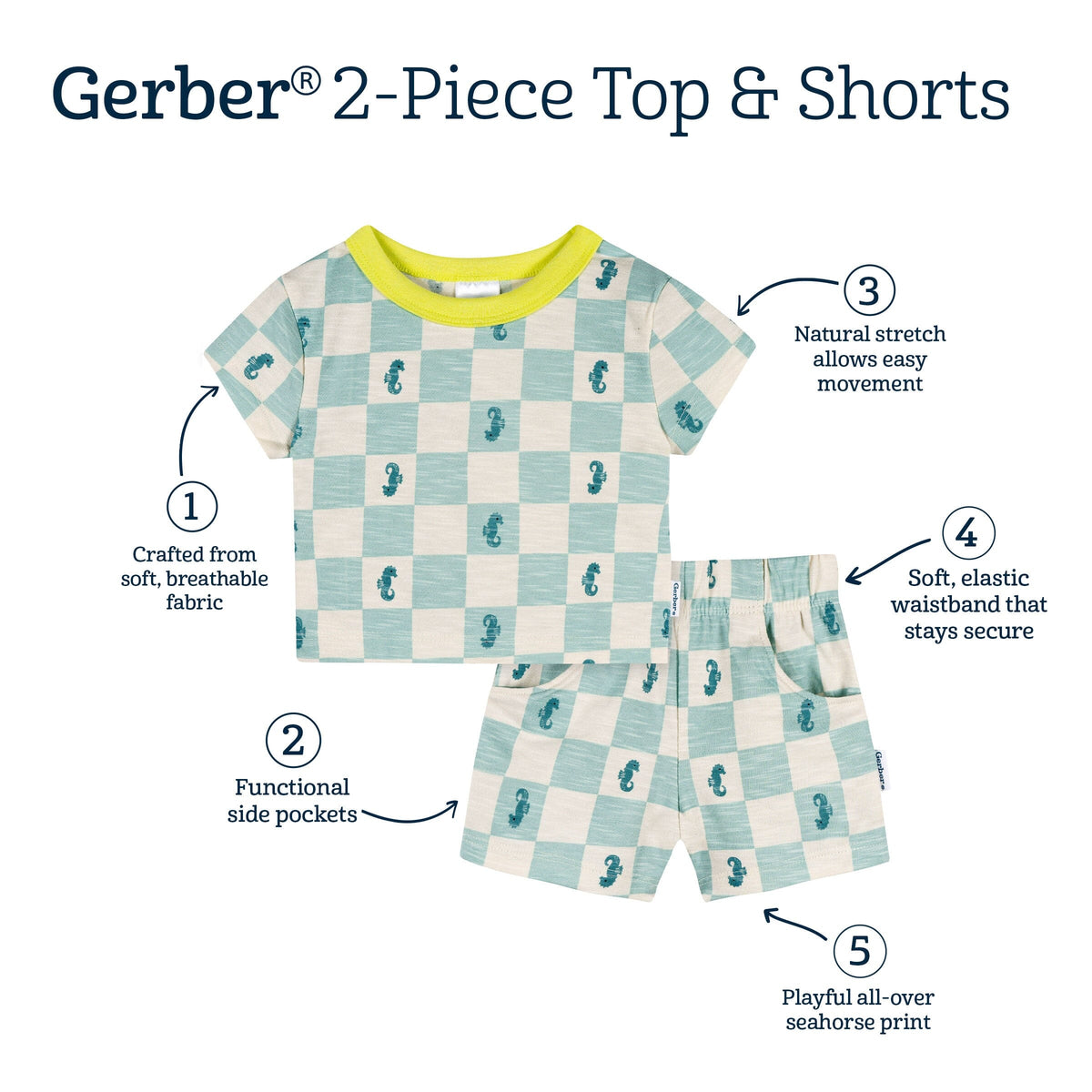 2-Piece Baby & Toddler Boys Green Seahorse T-Shirt and Shorts Set outfits Gerber® 