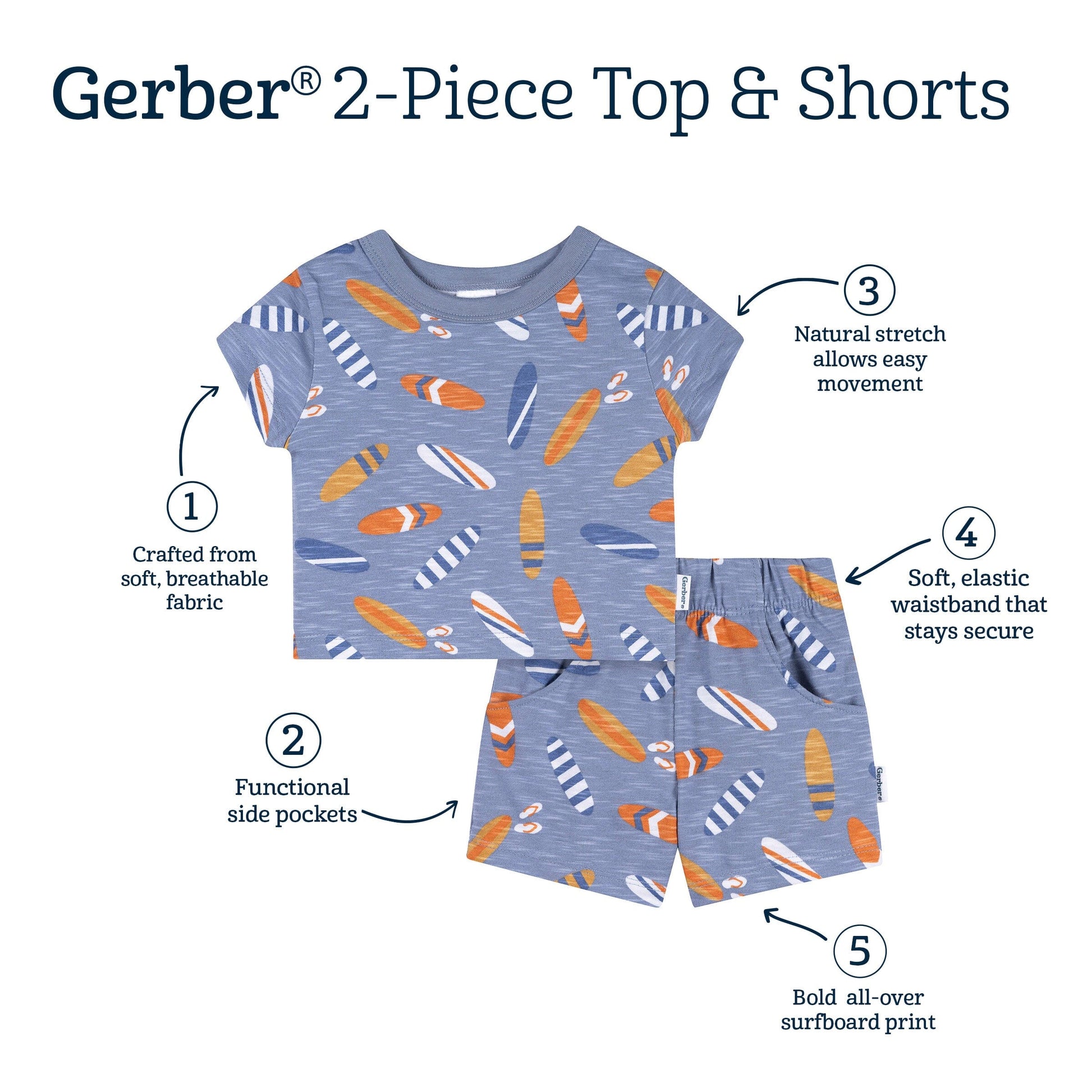 2-Piece Baby & Toddler Boys Blue Surfboard T-Shirt and Shorts Set outfits Gerber® 