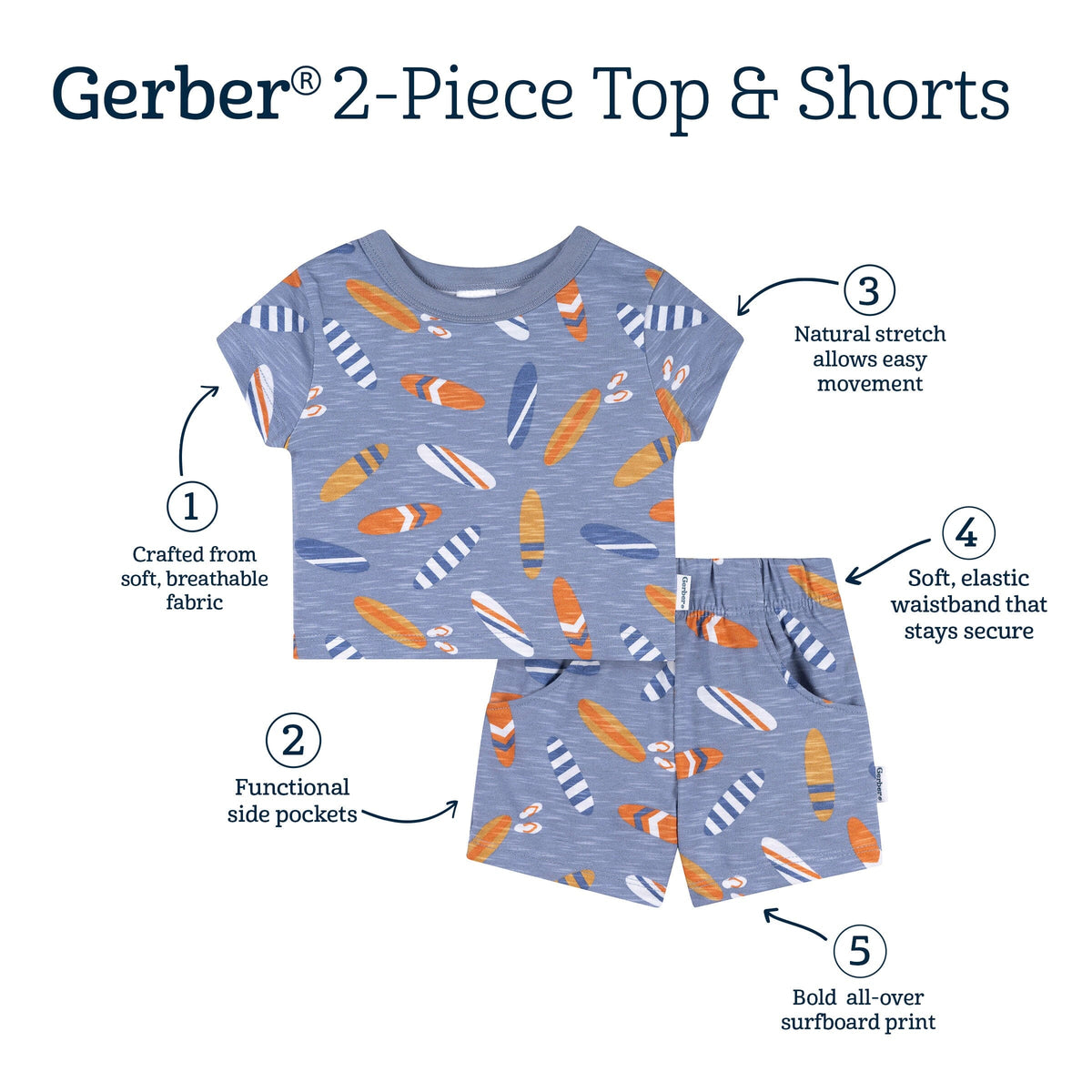 2-Piece Baby & Toddler Boys Blue Surfboard T-Shirt and Shorts Set outfits Gerber® 