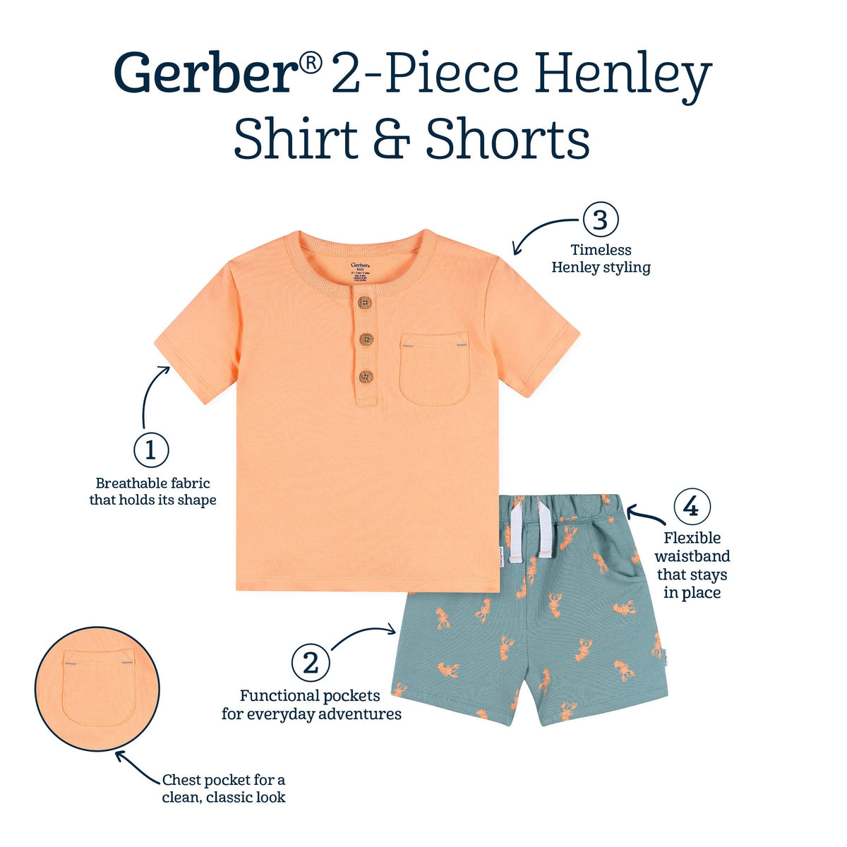 2-Piece Infant & Toddler Boys Peach Henley Top and Shorts Set outfits Gerber® 