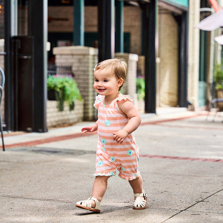 Baby Girls Pink Stripes Sleeveless Ruffle Romper
