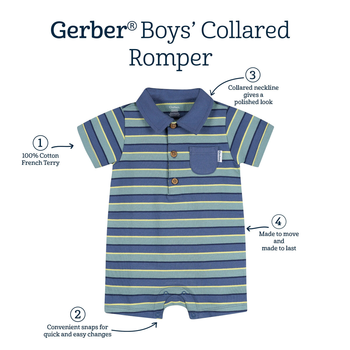 Baby Boys Blue & Green Collared Romper rompers Gerber® 
