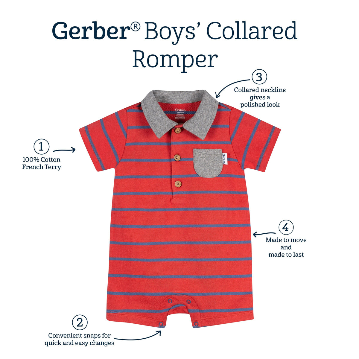 Baby Boys Red & Blue Collared Romper rompers Gerber® 