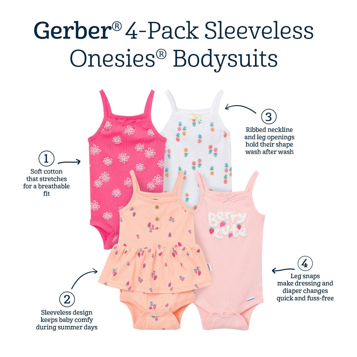 4-Pack Baby Girls Berries Sleeveless Bodysuits onesies Gerber® 