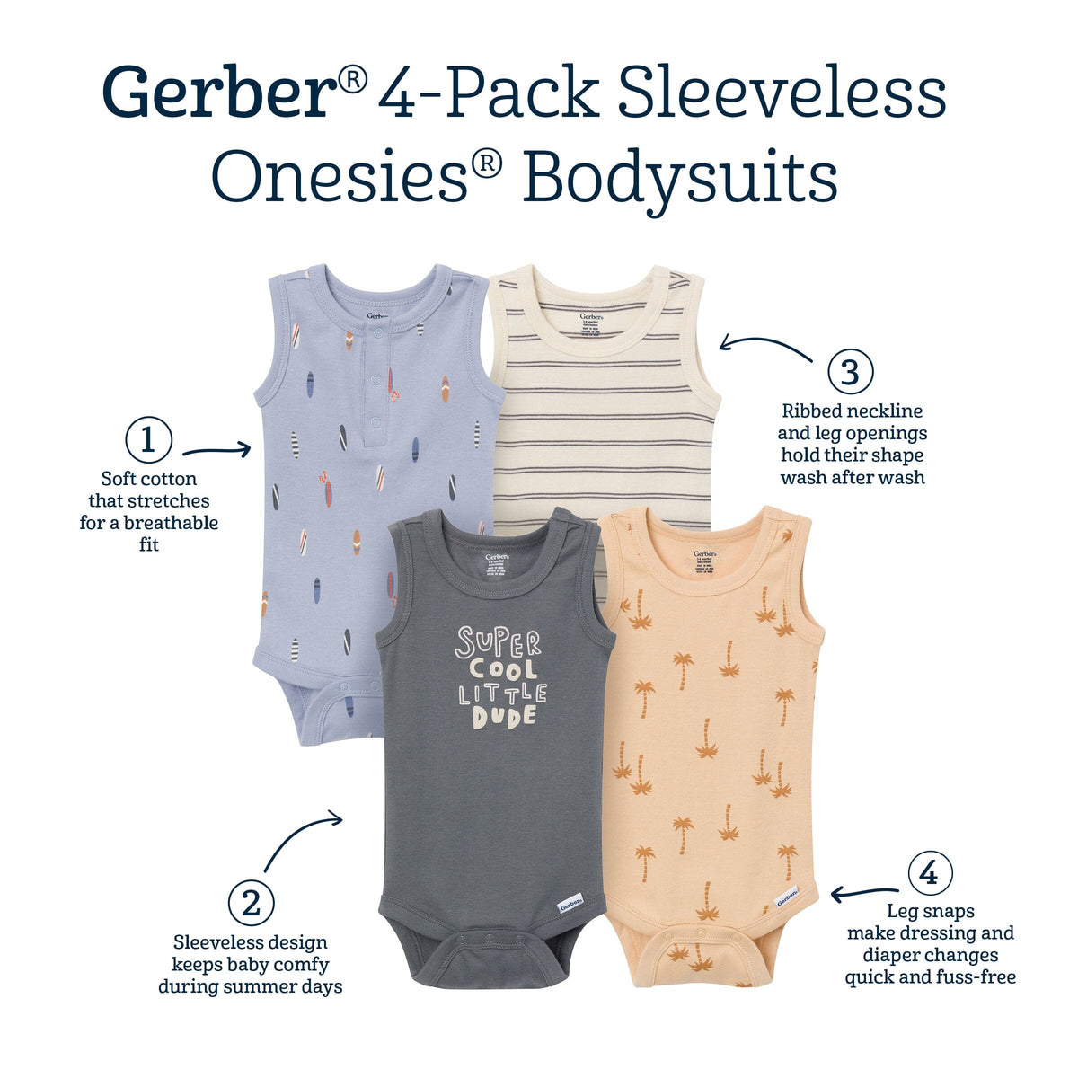 4-Pack Baby Boys Surfer Dude Sleeveless Bodysuits onesies Gerber® 