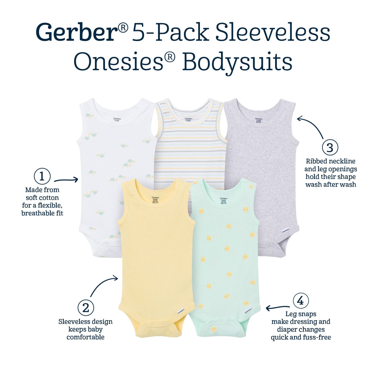 5-Pack Baby Neutral Yellow Sunshine Sleeveless Bodysuits onesies Gerber® 