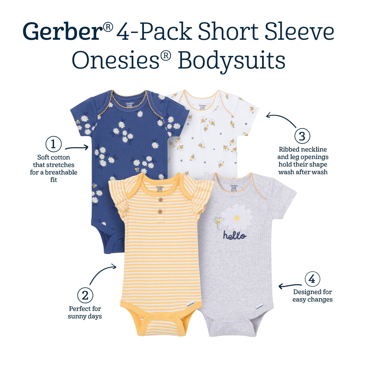 4-Pack Baby Girls Bee Flower Garden Short Sleeve Bodysuits onesies Gerber® 