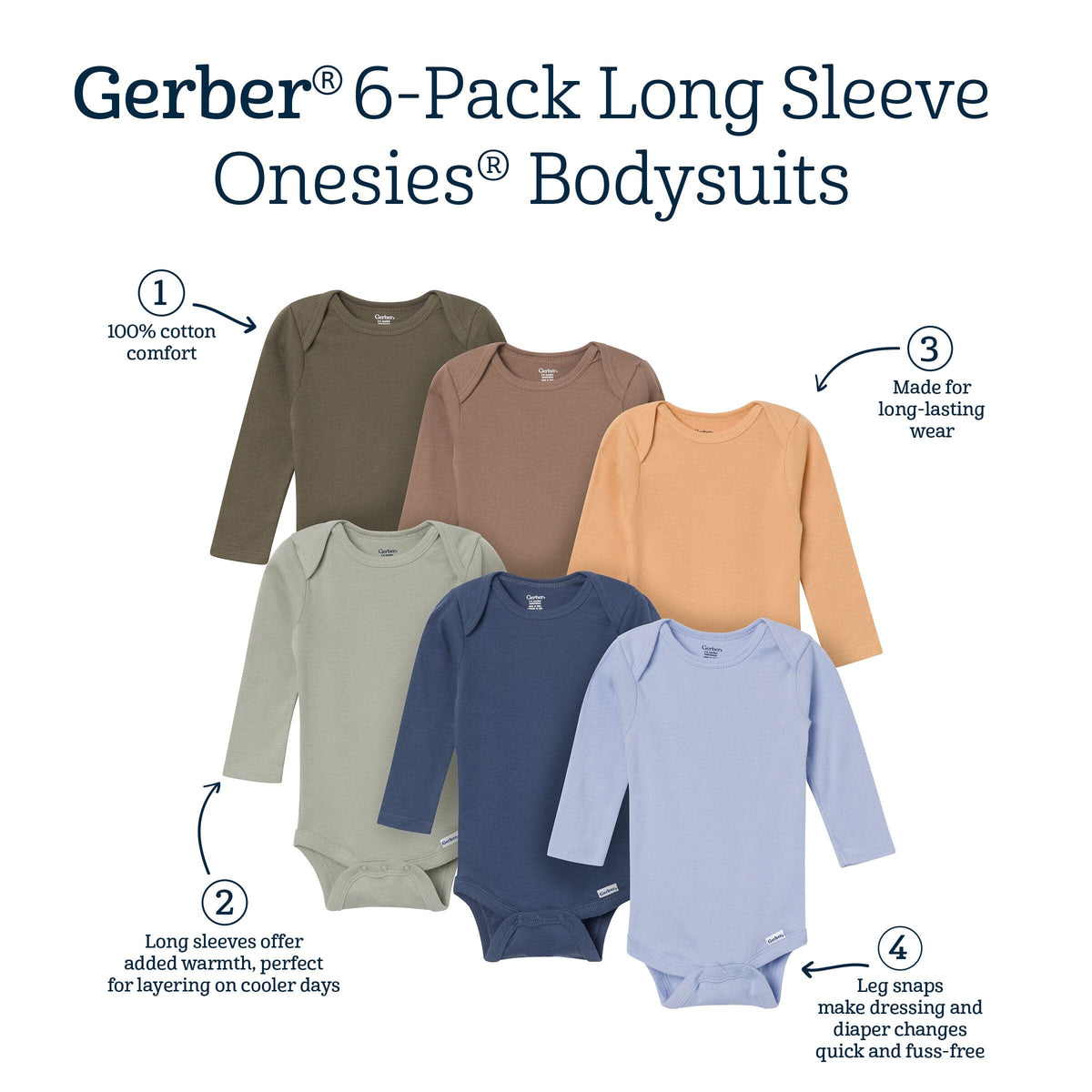 6-Pack Baby Boys Blue, Green, Brown and Yellow Long Sleeve Bodysuits onesies Gerber® 