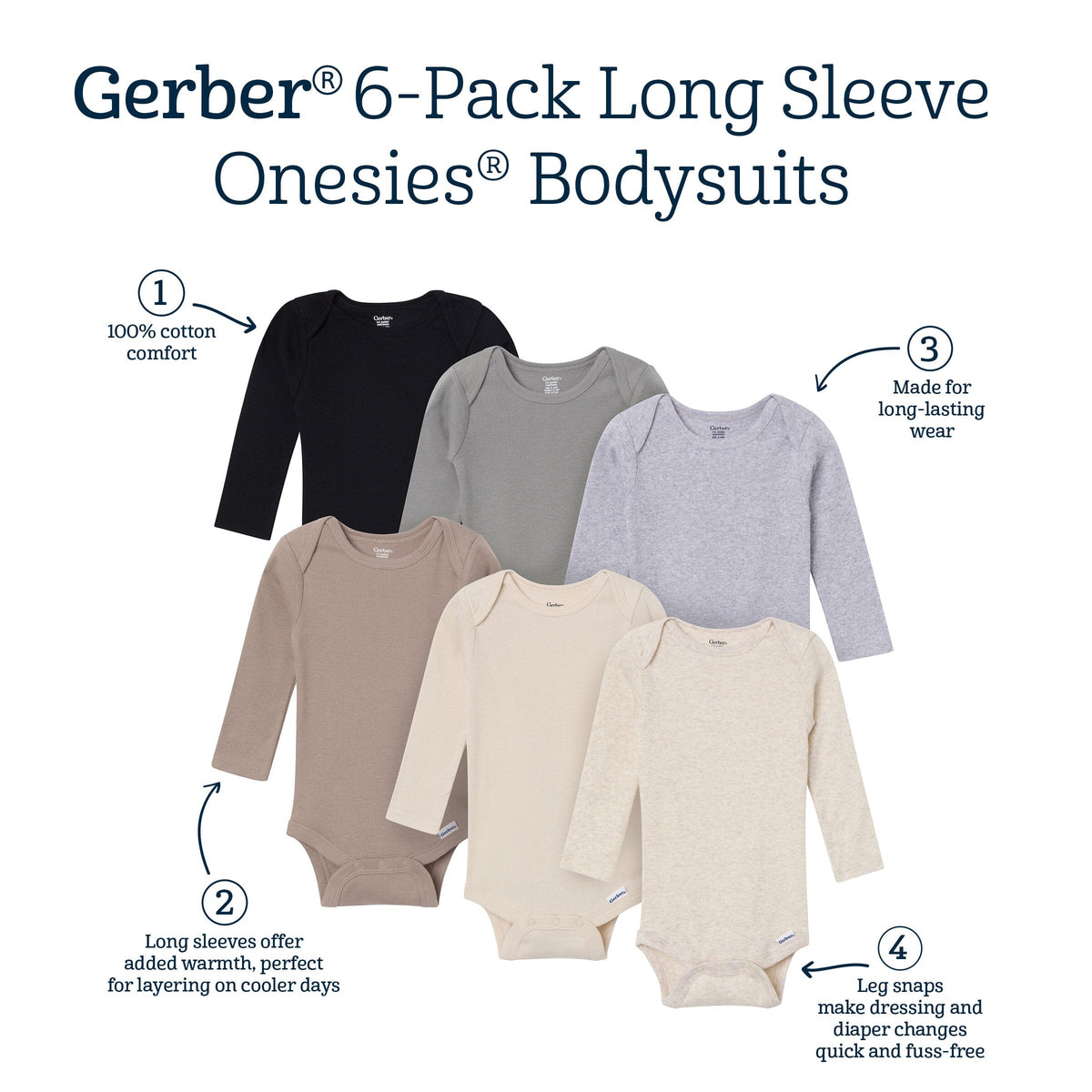 6-Pack Baby Neutral Gray, Black and Brown Long Sleeve Bodysuits onesies Gerber® 