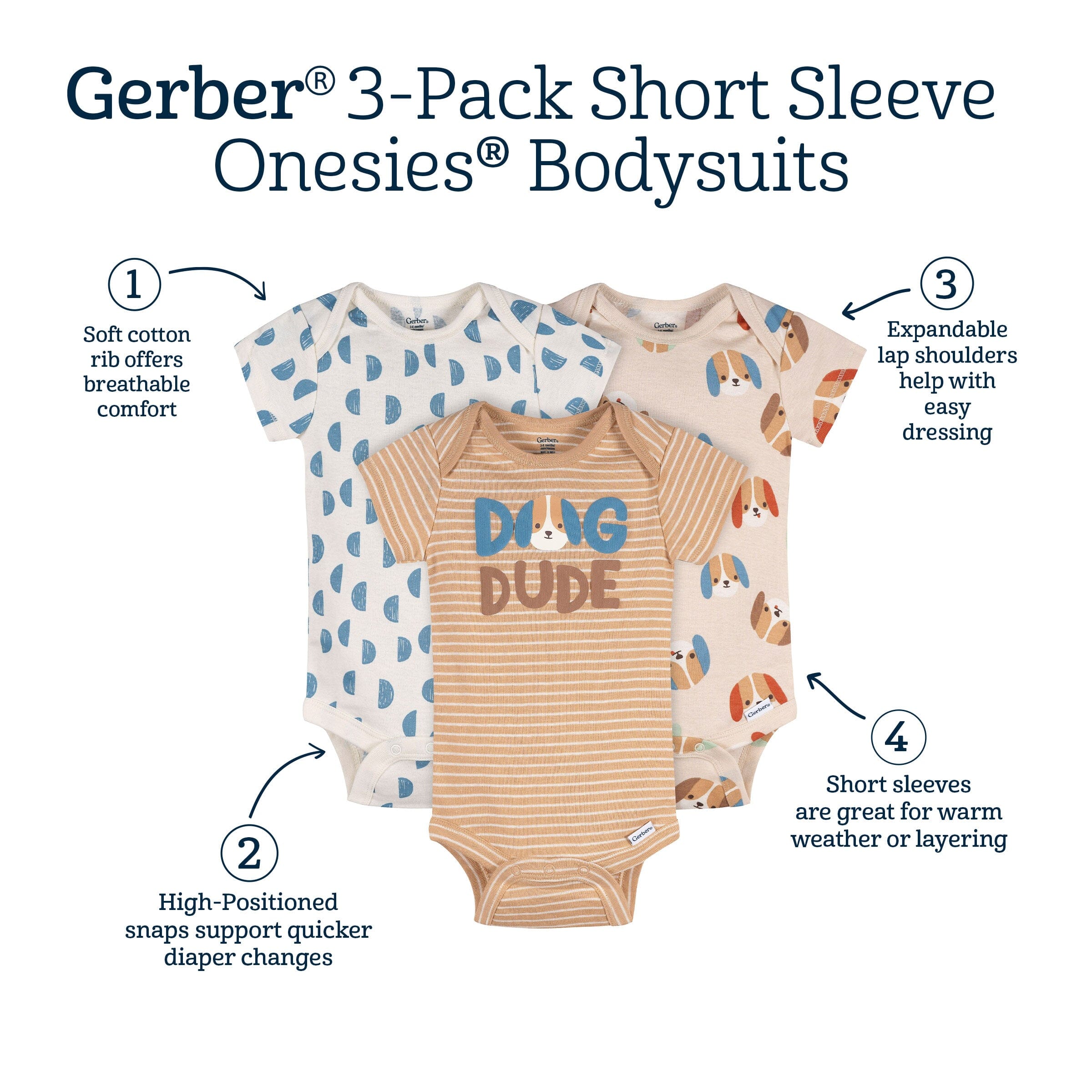 3-Pack Baby Boys Dog Dude Short Sleeve Onesies® Bodysuits onesies Gerber® 