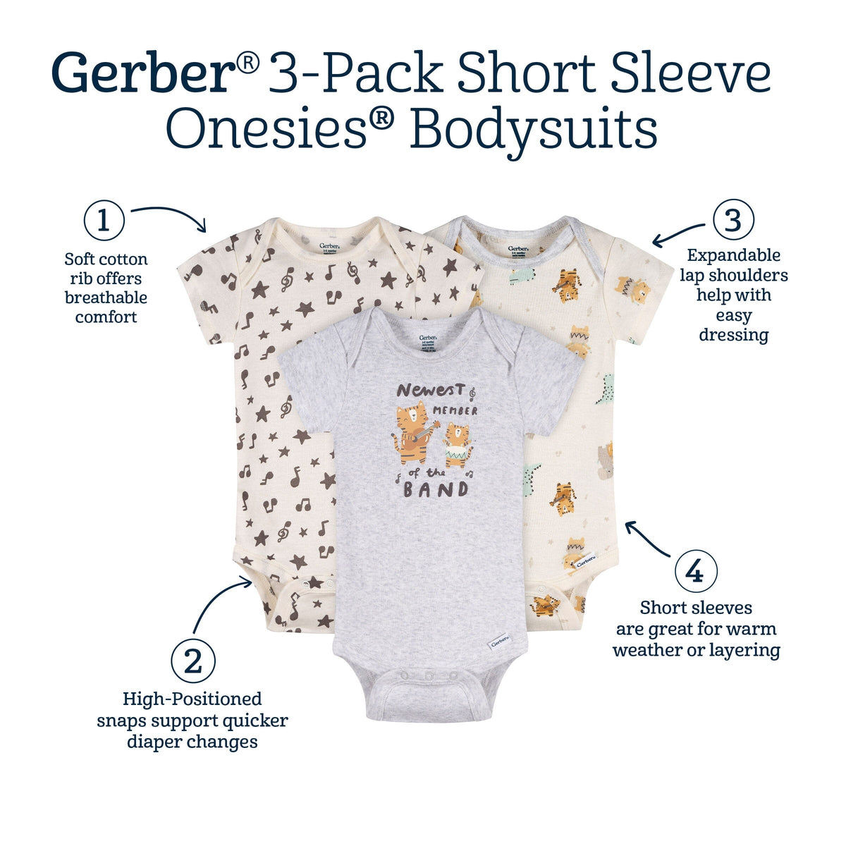 3-Pack Baby Neutral Newest Band Member Short Sleeve Onesies® Bodysuits onesies Gerber® 