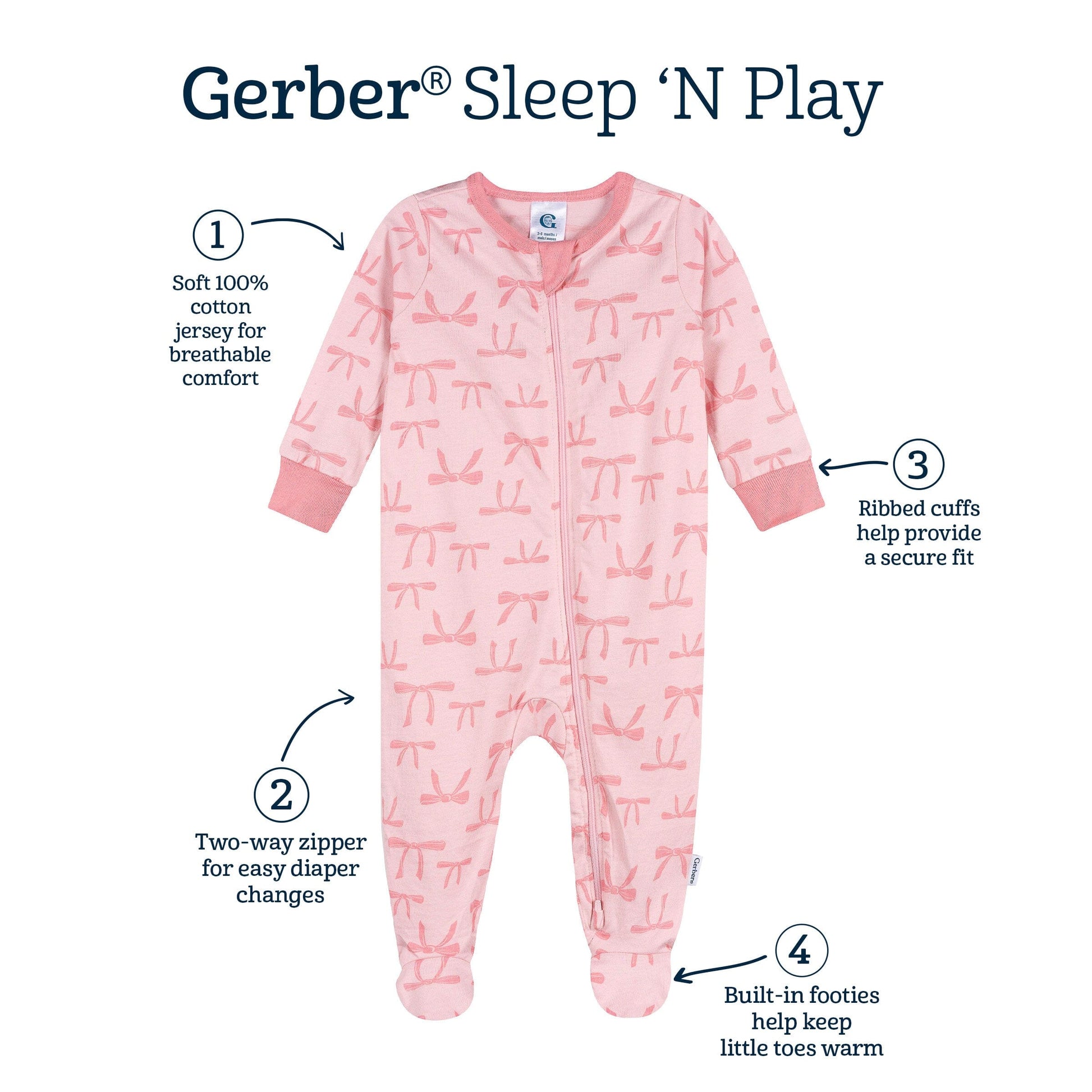 Baby Girls Pink Bows Sleep 'N Play sleepwear Gerber® 