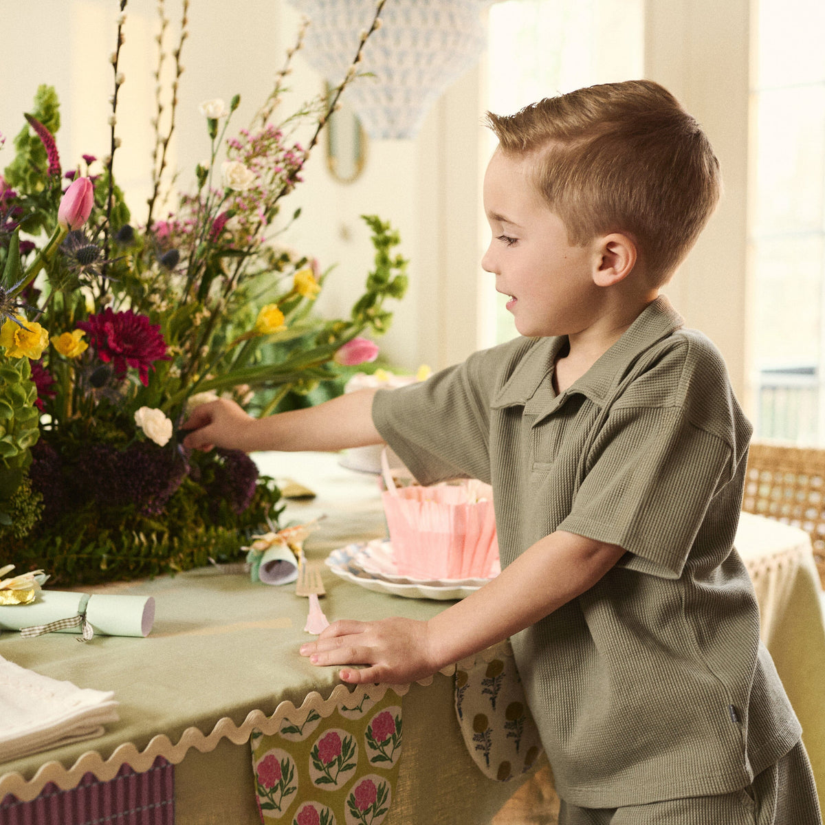 2-Piece Boys Muted Olive Johnny Collar Shirt and Shorts Set outfits modern moments™ by Gerber® 