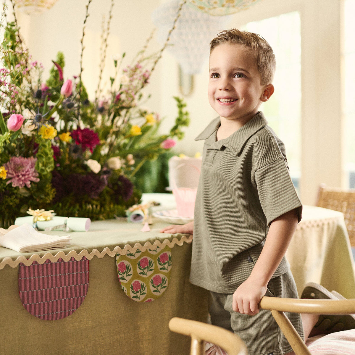2-Piece Boys Muted Olive Johnny Collar Shirt and Shorts Set outfits modern moments™ by Gerber® 