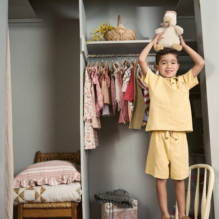 2-Piece Boys Yellow Palm Tree Polo Shirt and Shorts Set
