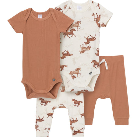 4-Piece Baby Boys Wild Horses Bodysuits and Pants Viscose Set