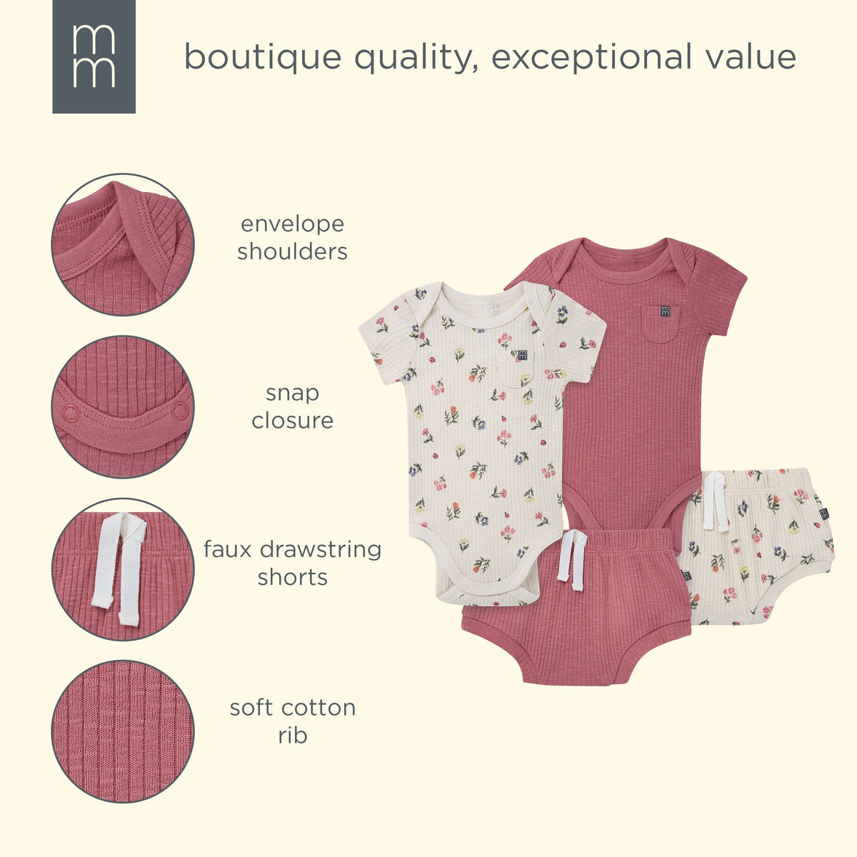 4-Piece Baby Girls Beige Garden Bodysuit and Shorties outfits modern moments™ by Gerber® 