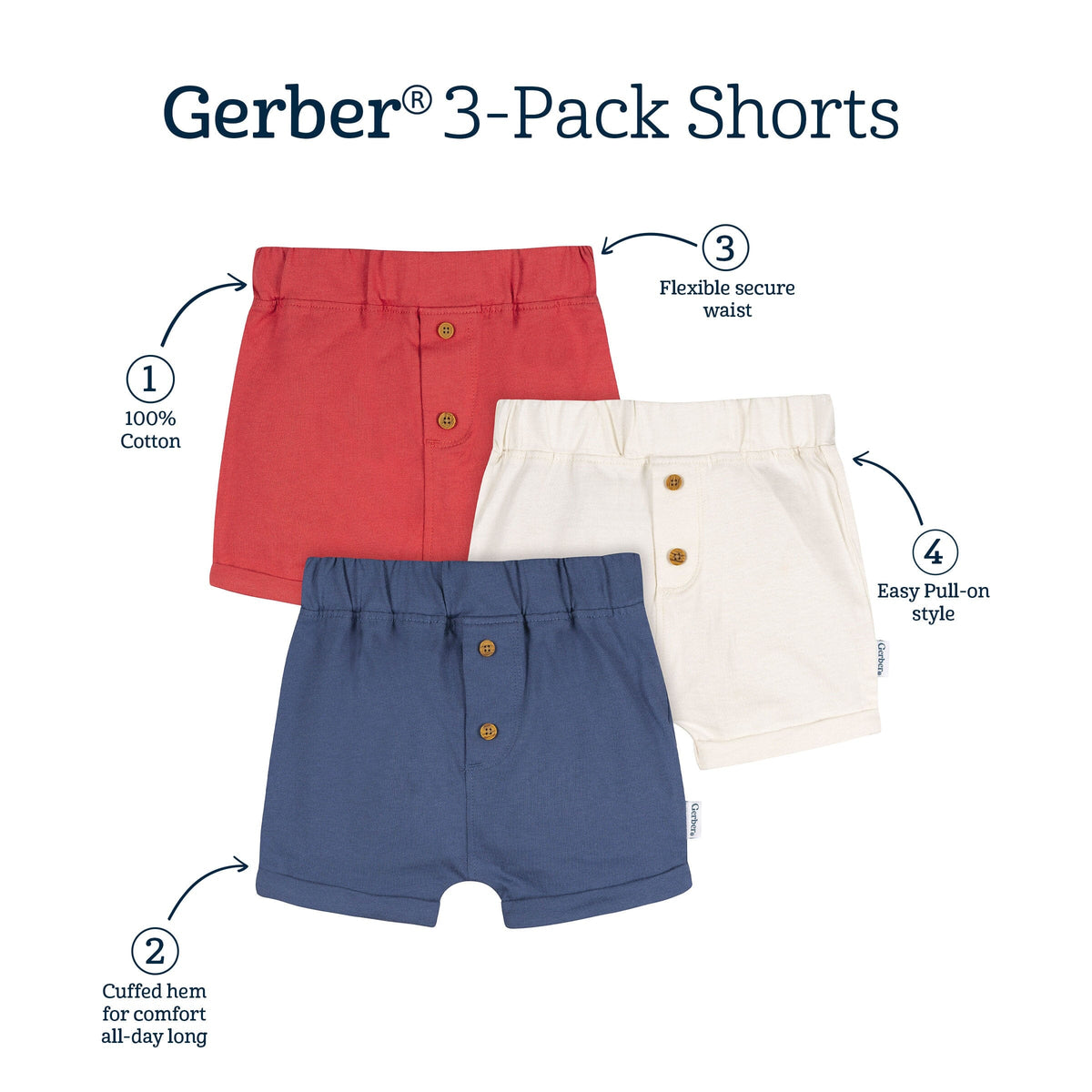 3-Pack Baby Boys Red, White & Blue Knit Shorts bottoms Gerber® 