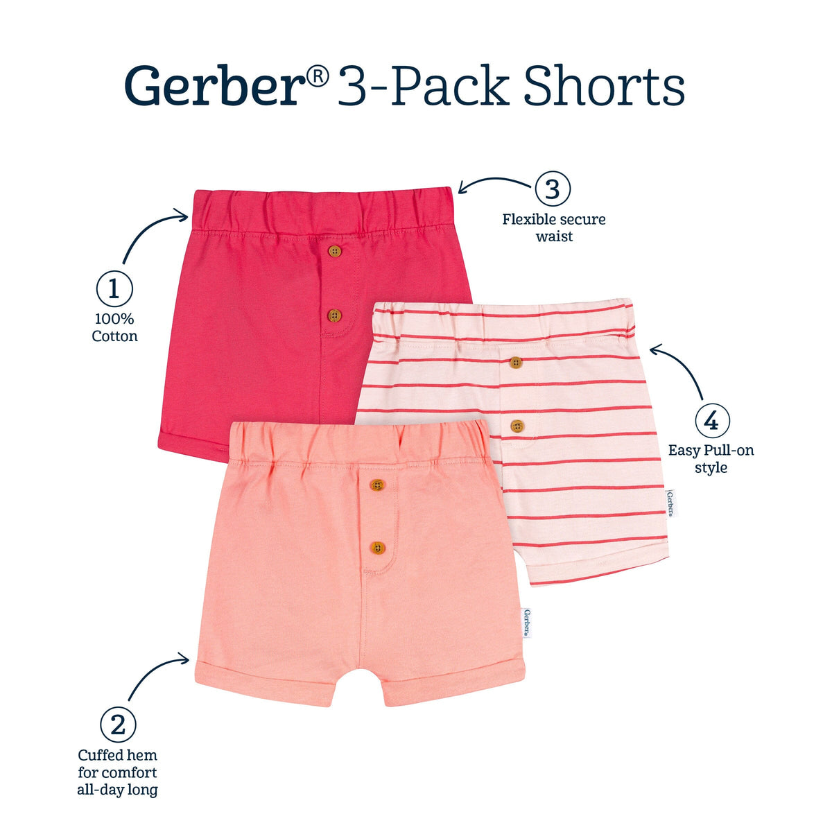 3-Pack Baby Girls Pink Knit Shorts bottoms Gerber® 